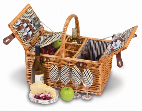 Picnic Plus PSB-461 Dilworth 4 Person Picnic Basket with Removable Insulated Cooler holds 3 bottles - Pinstripe Lining - N