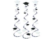 Club Pack of 18 Metallic Silver, White and Black Graduation Cap Whirl Decorations 30"