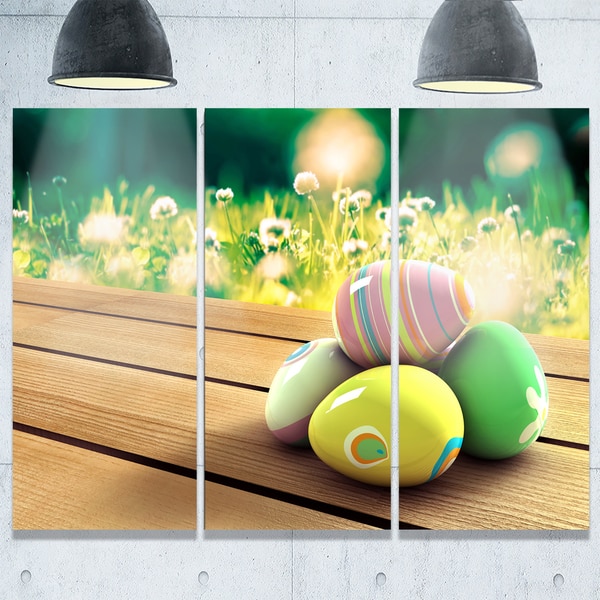 Designart - Yellow Green Easter Eggs - Landscape Photo Glossy Metal Wall Art