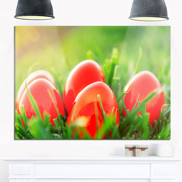 Red Easter Eggs in Green Grass - Landscape Photo Glossy Metal Wall Art